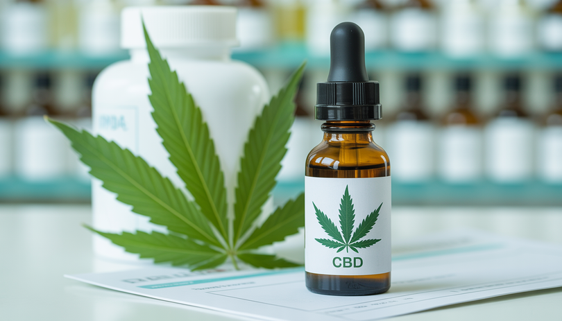 Flacon d'huile de CBD avec compte-gouttes sur comptoir de pharmacie, avec feuille de chanvre et ordonnance en arrière-plan