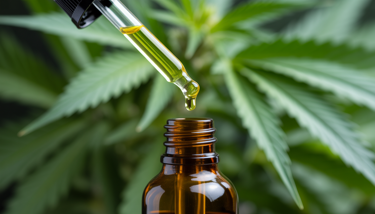 Close-up of CBD oil glass bottle with dropper and yellow drop