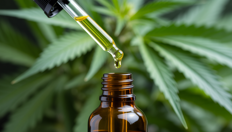 Close-up of CBD oil glass bottle with dropper and yellow drop