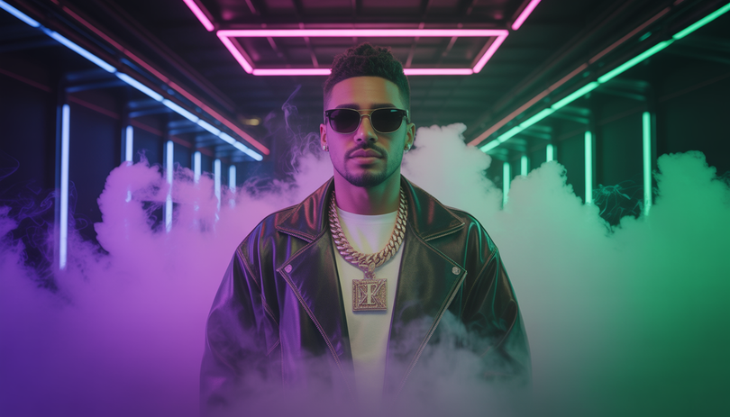 Portrait photoréaliste d'un rappeur stylé entouré de nuages de fumée colorés, lumières néon violettes et vertes, interfaces numériques holographiques flottantes dans un univers cyberpunk cannabis et metaverse