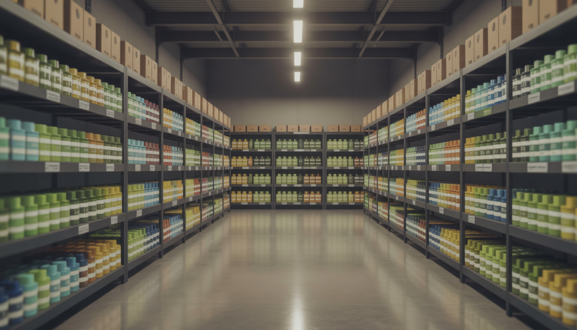 Intérieur d'entrepôt moderne avec rayonnages remplis de produits CBD en gros