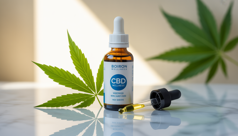Flacon de produit CBD bien-être posé sur une surface en marbre, accompagné de feuilles de chanvre vertes et d'un compte-gouttes, fond minimaliste épuré, éclairage naturel doux