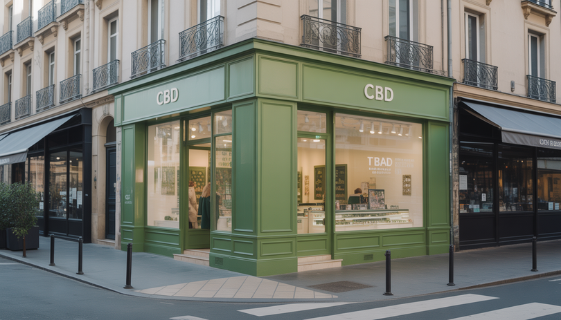 Devanture moderne d'une boutique CBD Chanvrery dans une rue piétonne française, avec de grandes vitrines élégantes, des tons verts et blancs, sous une lumière naturelle douce