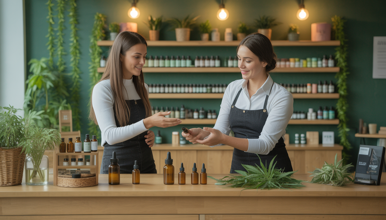 Intérieur photoréaliste d'une boutique CBD avec fleurs de chanvre, huiles et cosmétiques naturels