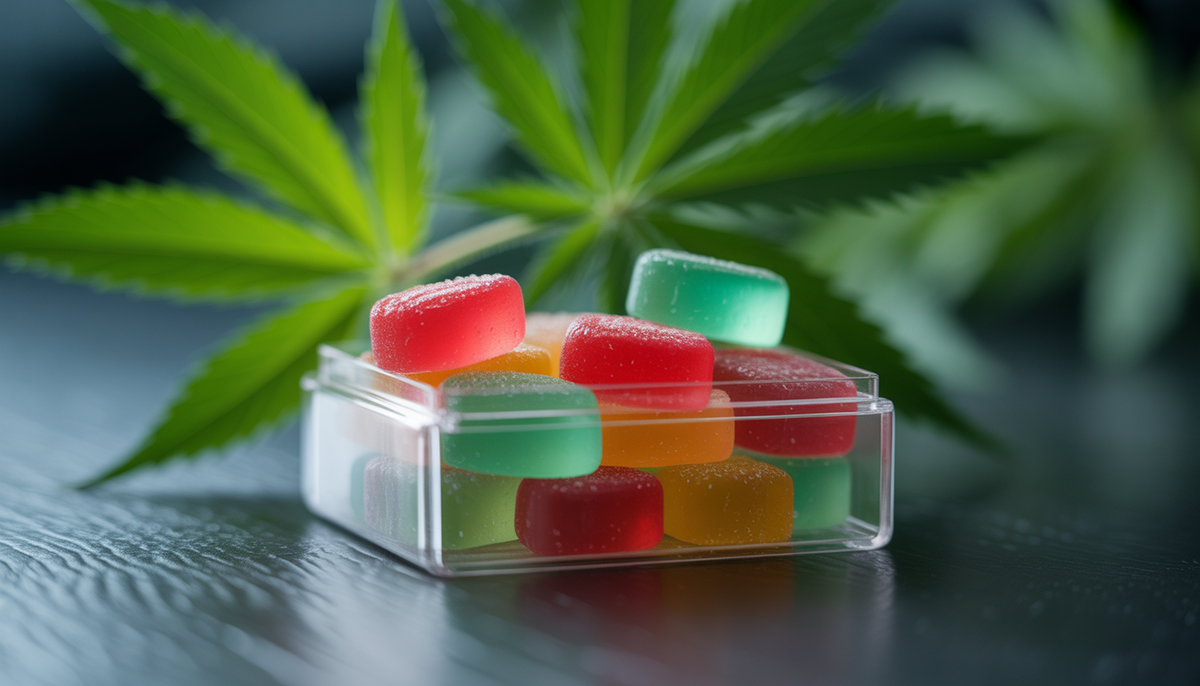 Macro photo of CBD gummies in red, green and mint hues with hemp leaves blurred in background