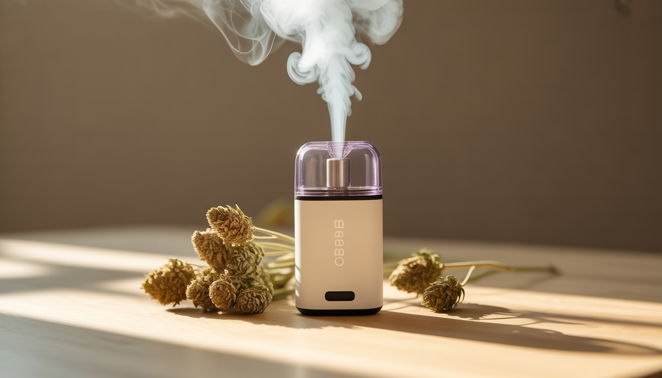 Vaporisateur CBD diffusant une vapeur légère près de fleurs séchées