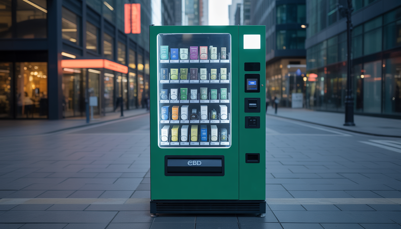 Distributeur automatique en libre-service pour produits CBD, vitrine en verre illuminée avec éclairage bleu et blanc, design minimaliste dans un cadre urbain élégant