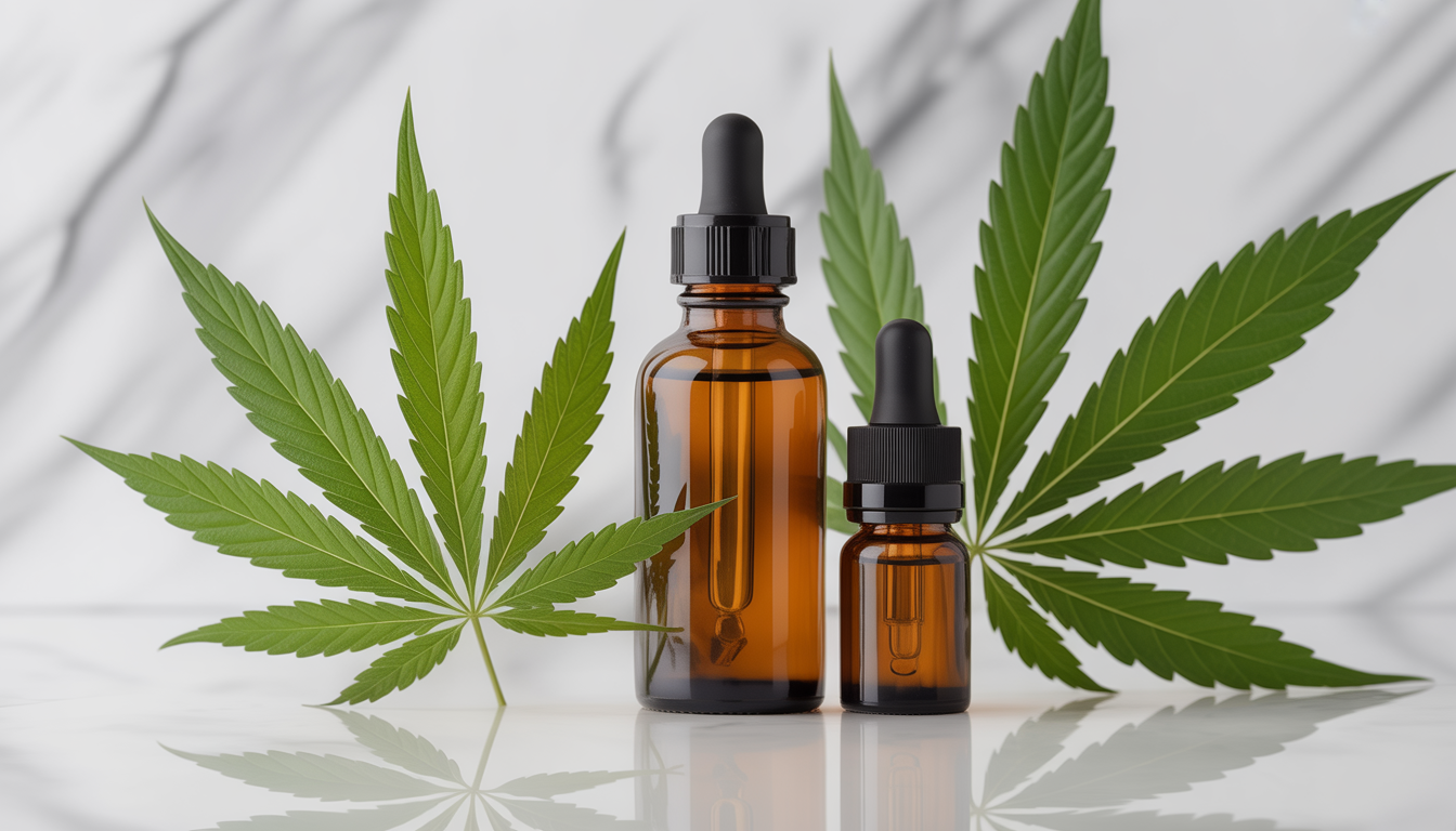 Arrangement élégant de produits CBD Chanvrery avec feuilles de chanvre et flacons compte-gouttes en verre sur fond de marbre blanc, style minimaliste moderne