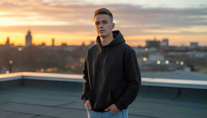 Young man in black hoodie and jeans standing on rooftop at sunset with soft urban lights