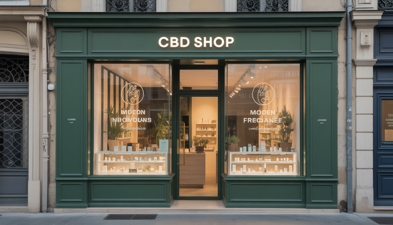 Devanture moderne de la boutique CBD Chanvrery à Limoges, avec une vitrine en verre élégante présentant des produits de bien-être naturels, dans une ambiance urbaine chaleureuse et sophistiquée.