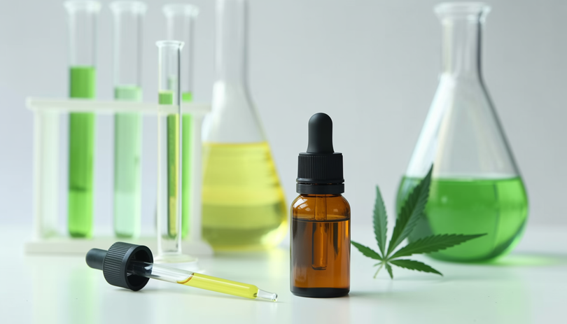Flacon d'huile CBD avec pipette et équipement d'analyse scientifique posés sur une table de laboratoire épurée, fond blanc, éclairage clinique doux