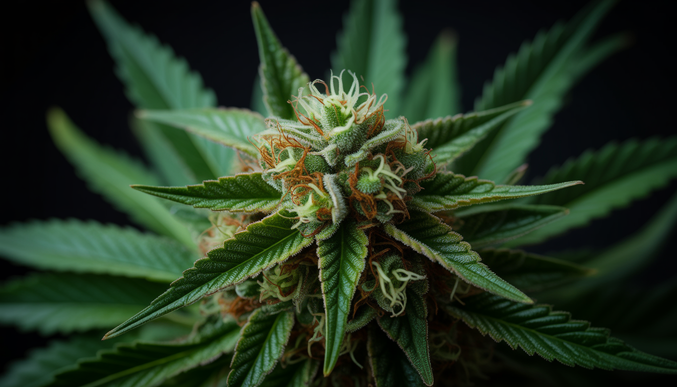 Gros plan macro d'une fleur de CBD premium Chanvrery aux trichomes scintillants, teintes vertes et ambrées riches sur fond sombre élégant