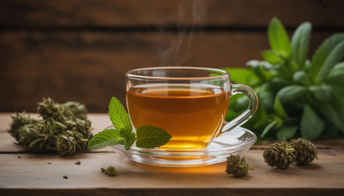 Steaming CBD herbal tea with hemp flowers and mint leaves