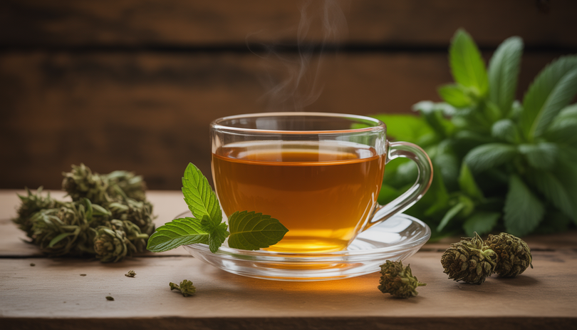 Steaming CBD herbal tea with hemp flowers and mint leaves