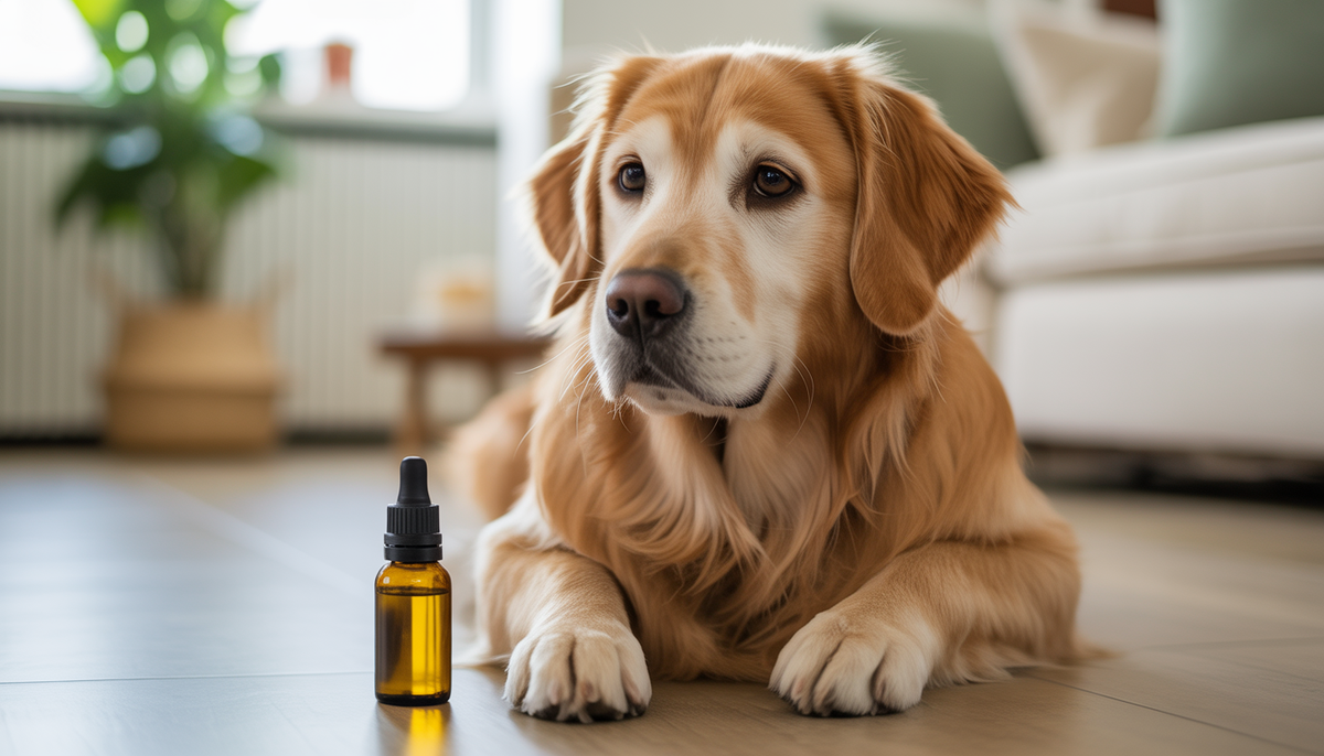 Chien golden retriever curieux assis à côté d'un petit flacon d'huile CBD sur fond blanc, photographie lifestyle animalière avec éclairage naturel doux et tons chauds