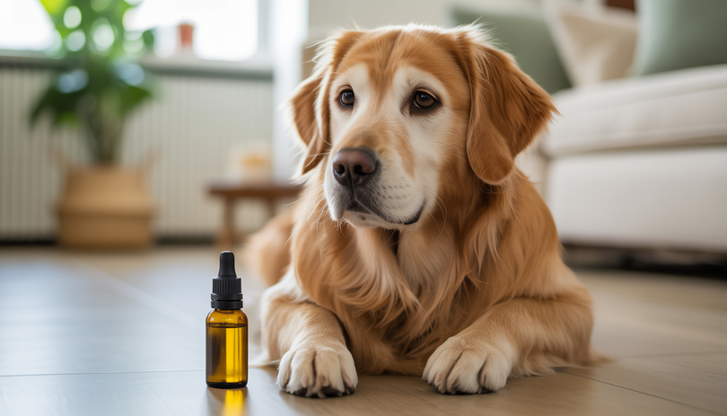 Chien golden retriever curieux assis à côté d'un petit flacon d'huile CBD sur fond blanc, photographie lifestyle animalière avec éclairage naturel doux et tons chauds