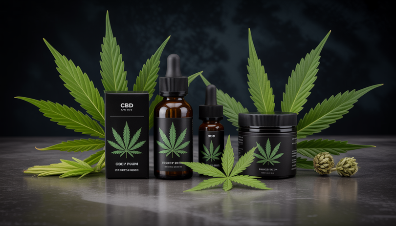 Collection de produits CBD premium Chanvrery disposés sur une surface en béton sombre, avec un éclairage dramatique mettant en valeur des emballages luxueux ornés de feuilles de chanvre vertes, dans une esthétique urbaine et lifestyle haut de gamme.