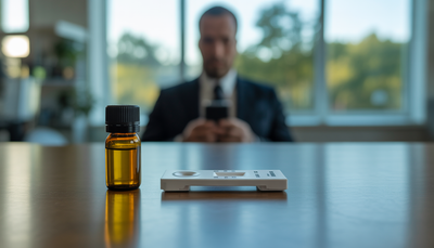 Saliva drug test and CBD oil on table