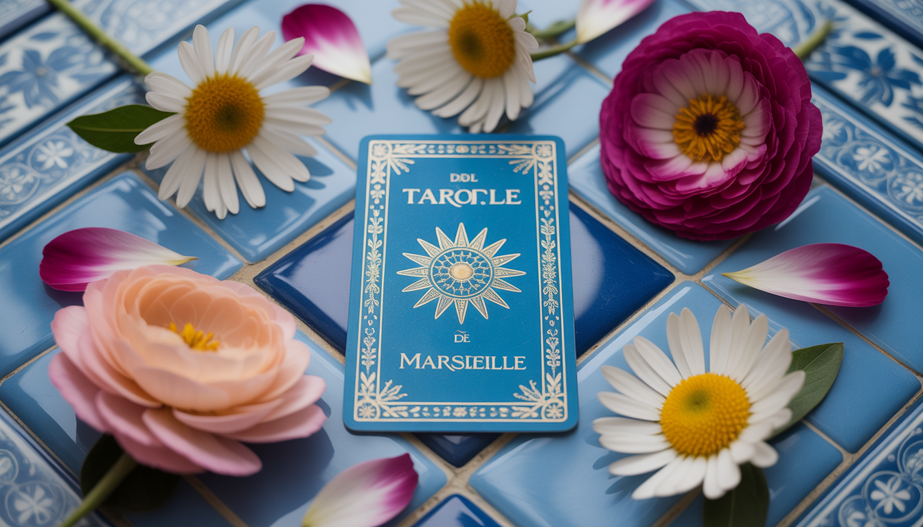 Carte de Tarot de Marseille CBD sur carrelage andalou bleu entourée de fleurs de CBD aux tons doux