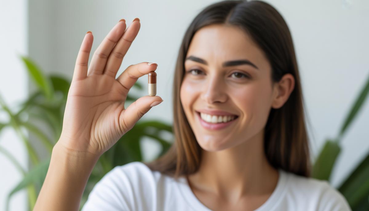 Smiling healthy woman holding a dietary supplement capsule