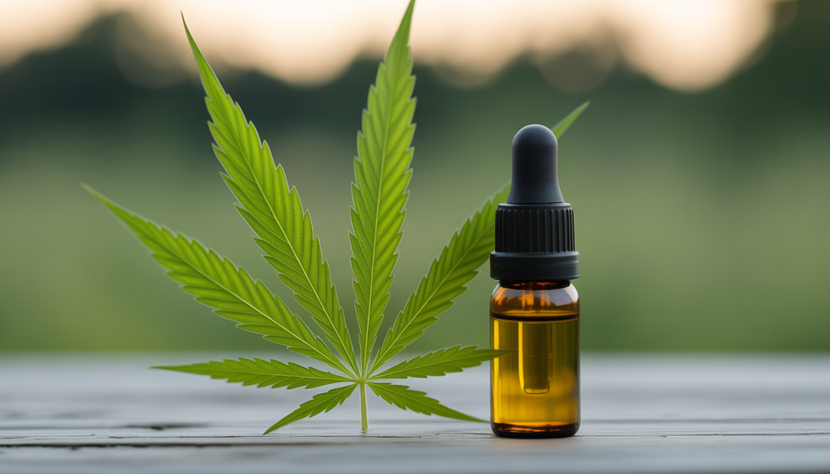 Bright green hemp leaf beside small CBD oil bottle in soft lighting