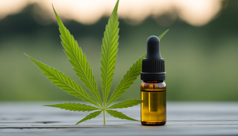 Bright green hemp leaf beside small CBD oil bottle in soft lighting