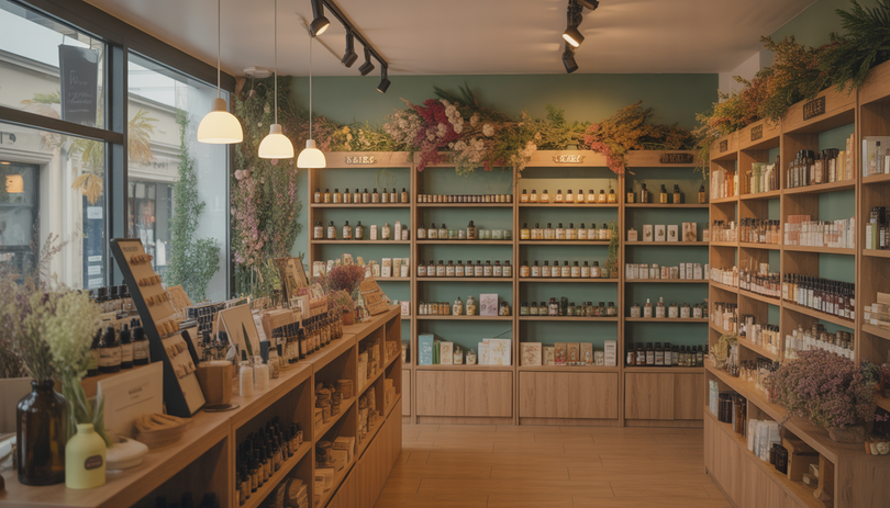 Étagères en bois avec produits CBD naturels dans une boutique accueillante à Nancy