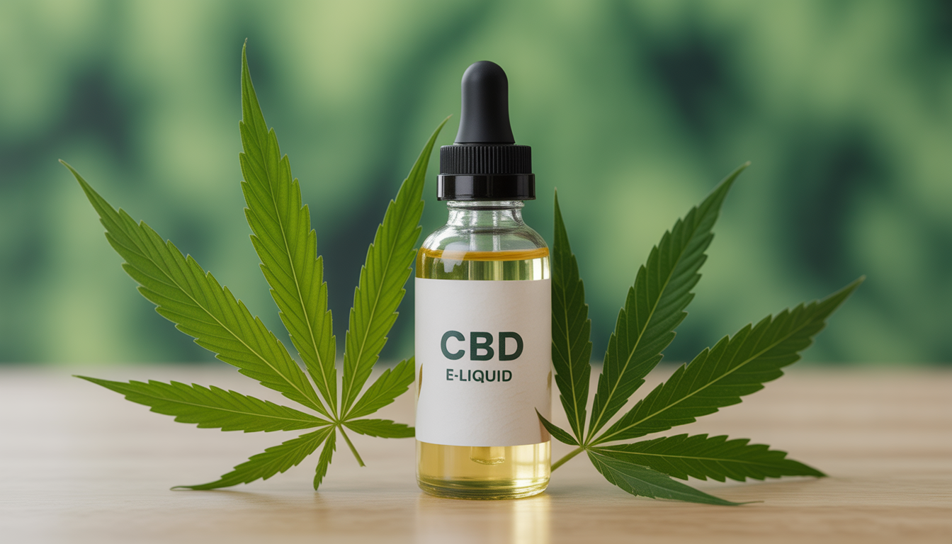 Bouteille transparente d’e-liquide CBD avec pipette sur fond de feuilles de chanvre