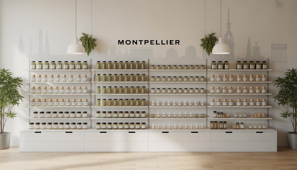 Intérieur photoréaliste d'une boutique CBD à Montpellier avec étagères organisées, bocaux en verre, huiles et résines