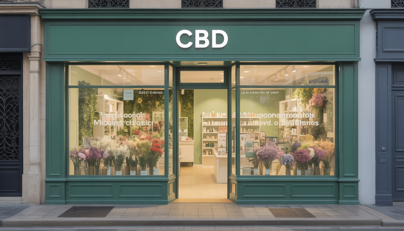 Boutique CBD moderne à Le Mans avec vitrine lumineuse affichant fleurs, huiles et cosmétiques