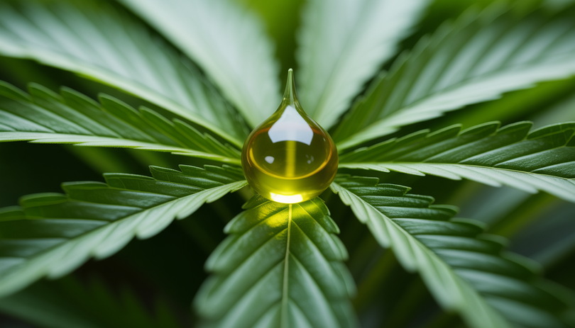 Goutte d'huile de CBD claire sur feuille de chanvre verte