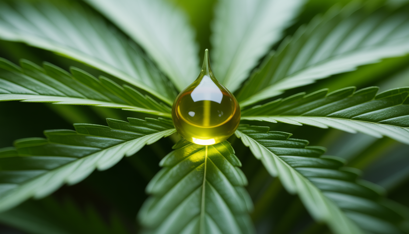 Goutte d'huile de CBD claire sur feuille de chanvre verte