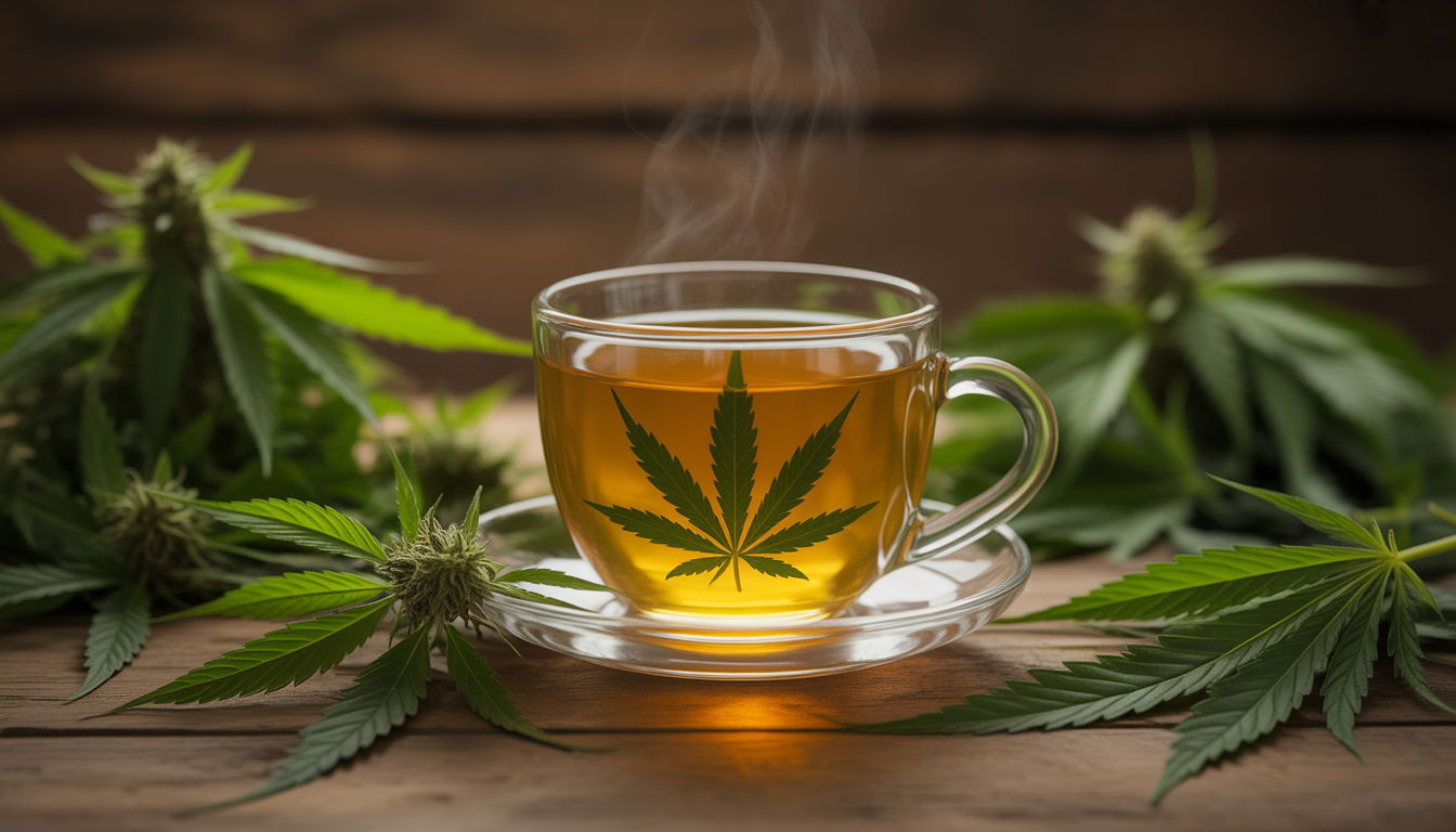 Tasse de thé CBD Hollyweed fumante entourée de feuilles de chanvre fraîches sur une table en bois