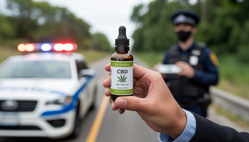 Personne tenant une bouteille d'huile CBD au premier plan, avec un checkpoint routier de police et un kit de test salivaire floutés en arrière-plan, photographie documentaire en lumière naturelle