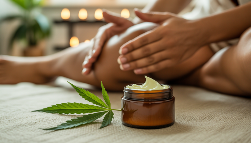 Pot ouvert de crème CBD sur tissu beige avec feuille de chanvre et mains massant un genou en arrière-plan