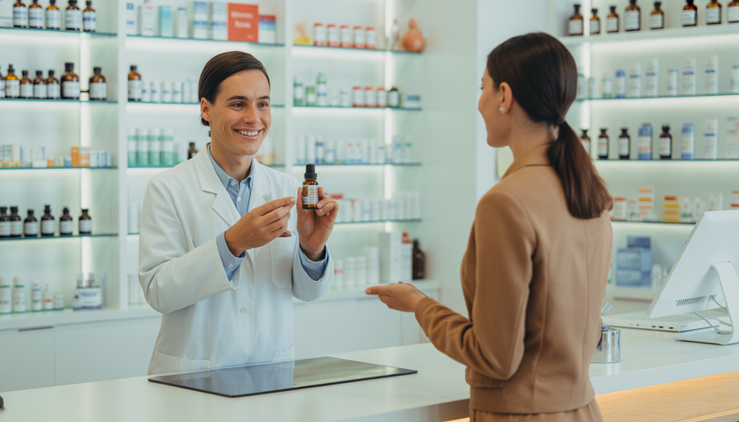 Pharmacien souriant tenant une petite bouteille d'huile CBD derrière le comptoir d'une pharmacie moderne et lumineuse, face à un client hésitant, éclairage chaleureux et rassurant, rayonnages blancs avec des médicaments en arrière-plan