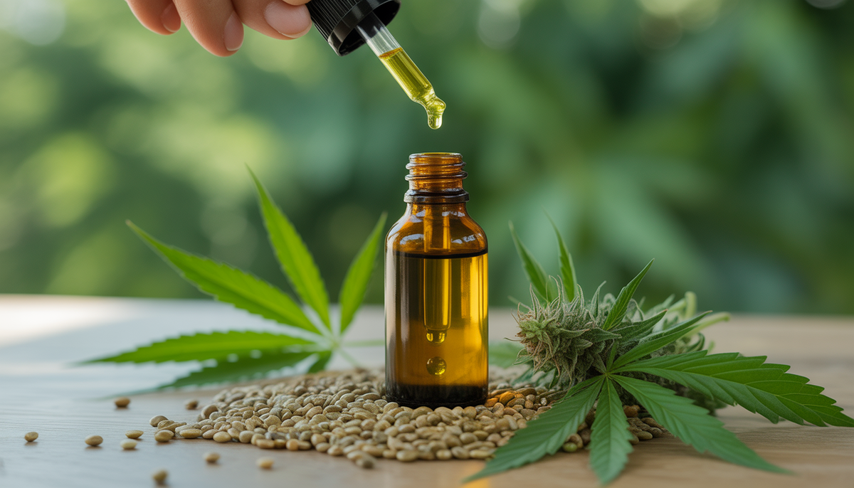Huile de CBD sur surface en bois, graines de chanvre et feuilles fraîches