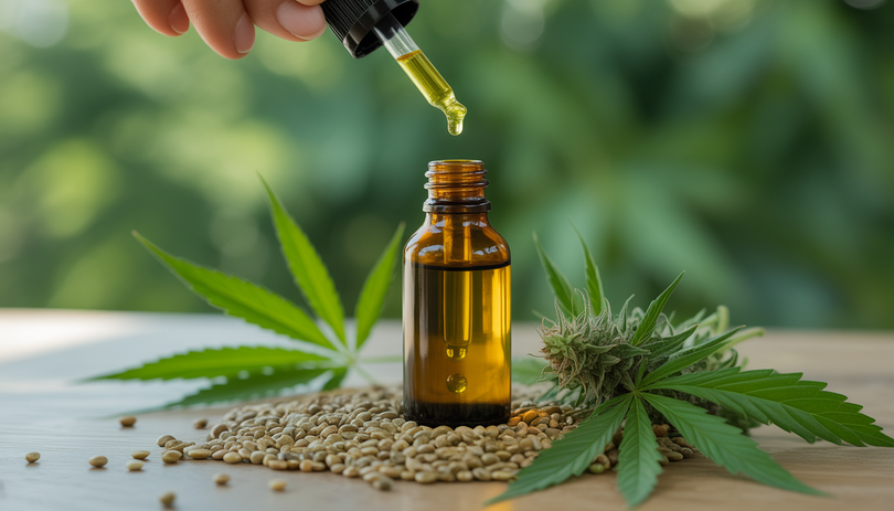 Huile de CBD sur surface en bois, graines de chanvre et feuilles fraîches