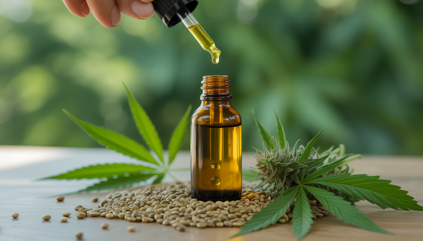 Huile de CBD sur surface en bois, graines de chanvre et feuilles fraîches