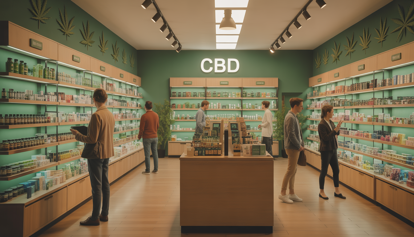 Boutique de CBD avec étagères de produits, ambiance chaleureuse