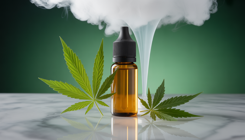 Bouteille d’e-liquide CBD en verre clair sur surface en marbre, entourée de feuilles de chanvre et nuage de vapeur blanche