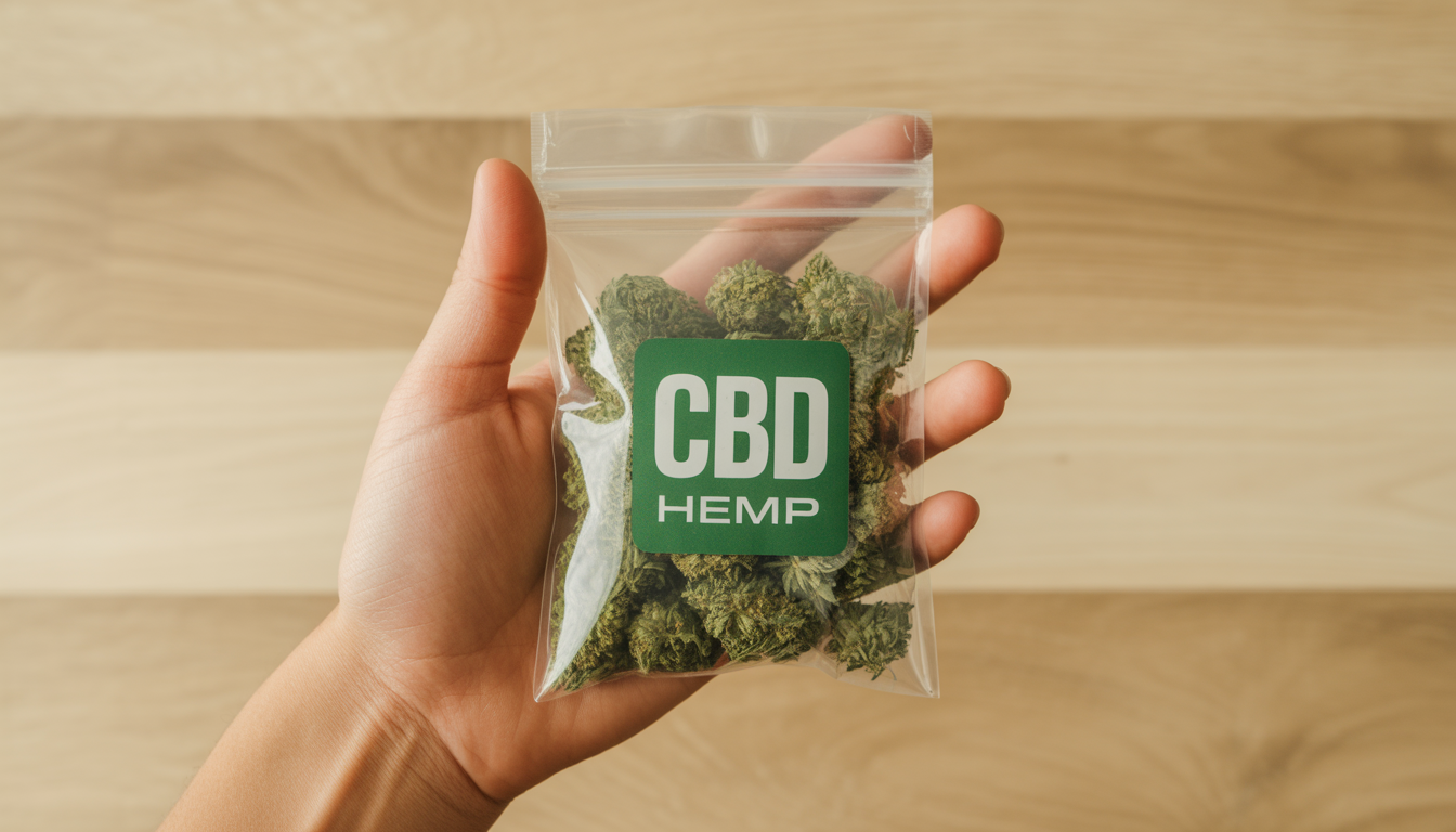 Hand holding a clear bag of green CBD hemp flowers on wood