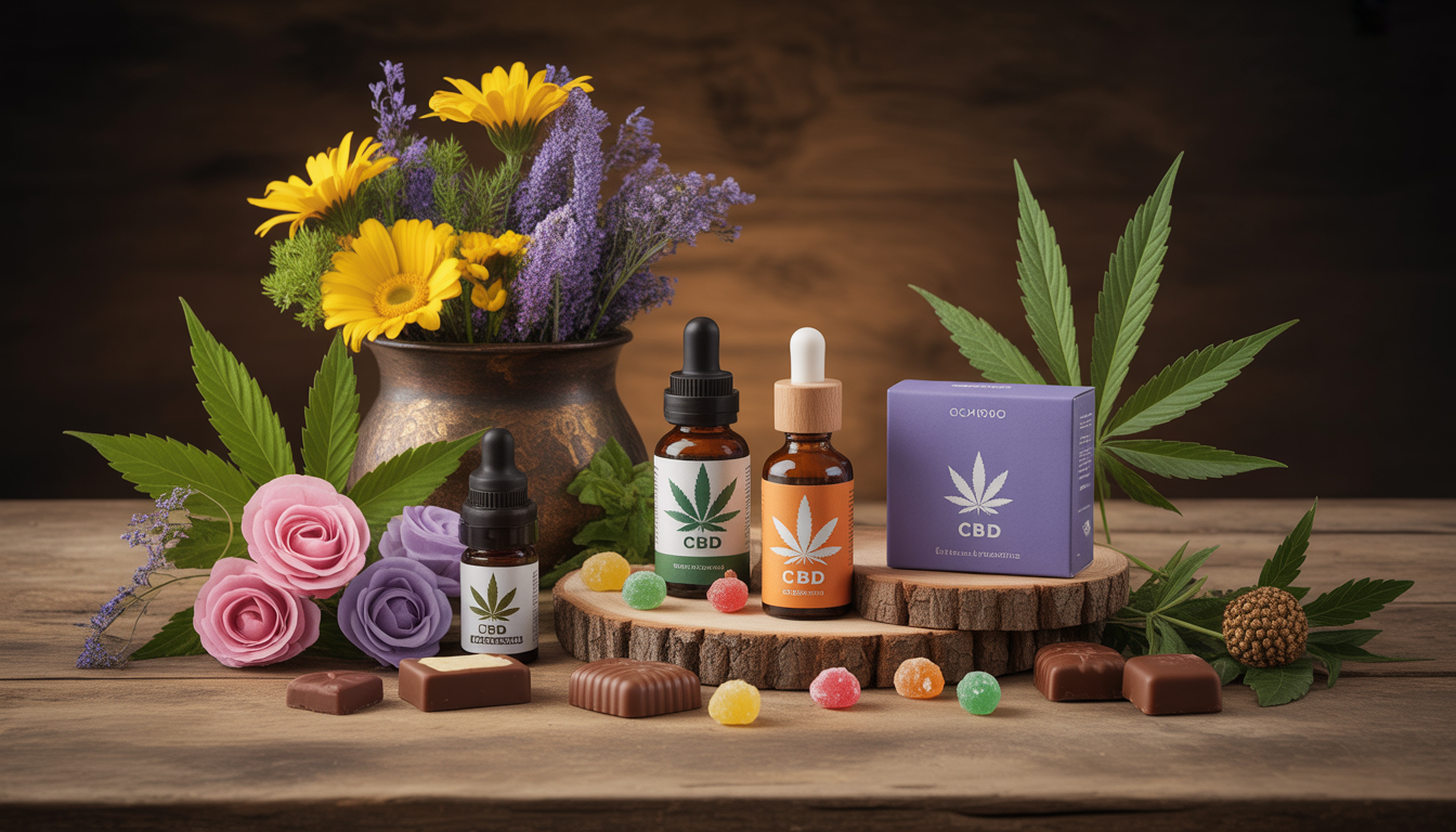 Produits CBD variés sur table en bois à Colmar avec décor alsacien