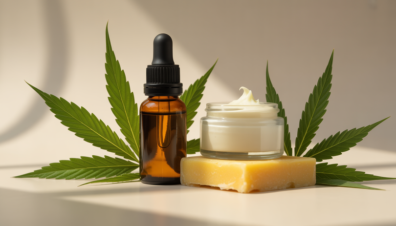Flacon d'huile de CBD et crème avec beurre de karité et cire d'abeille sur feuilles de chanvre