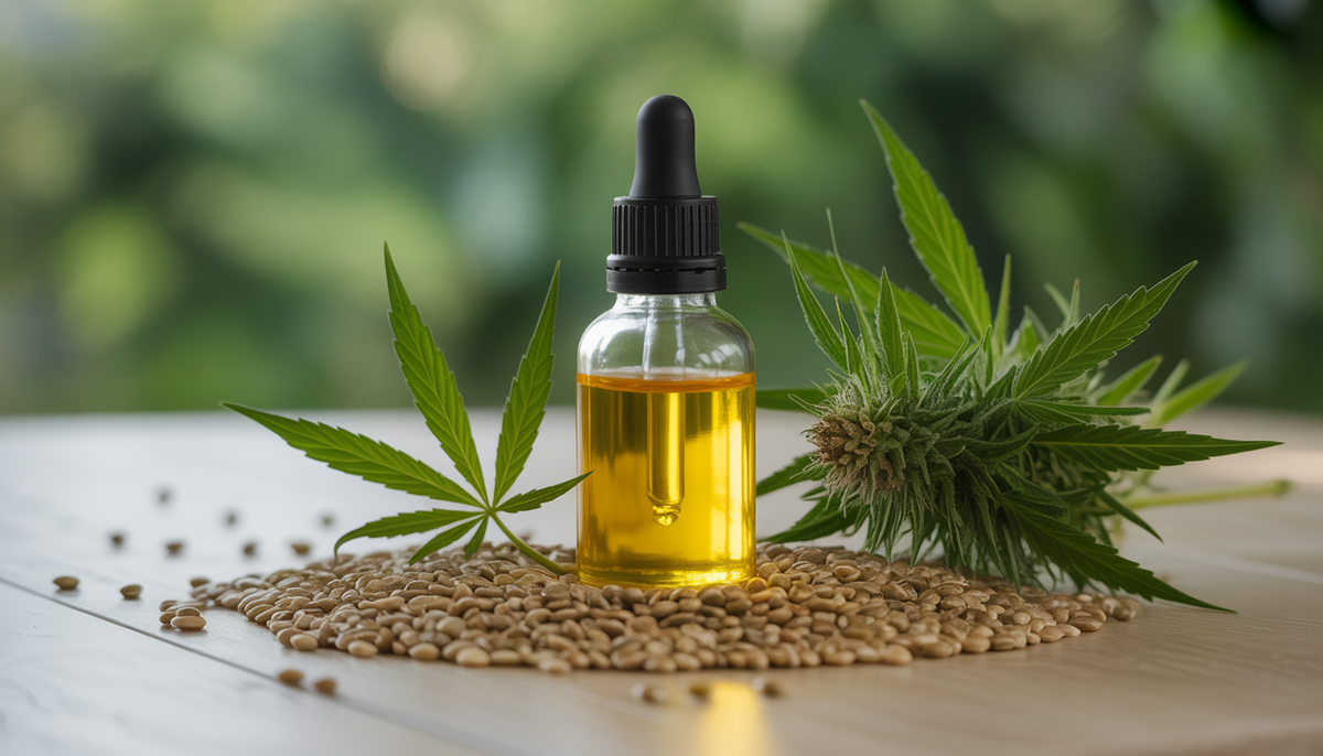 Bouteille d’huile de CBD dorée posée sur des graines de chanvre