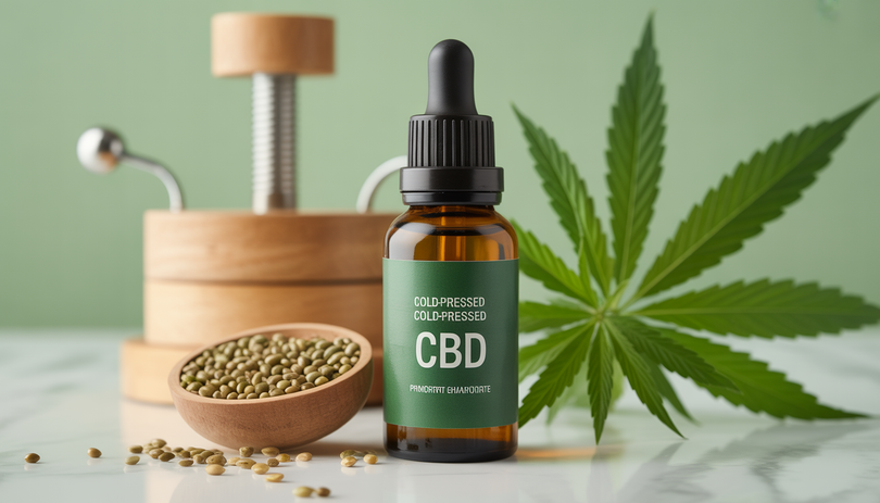 Bouteille d’huile de CBD pressée à froid sur comptoir moderne