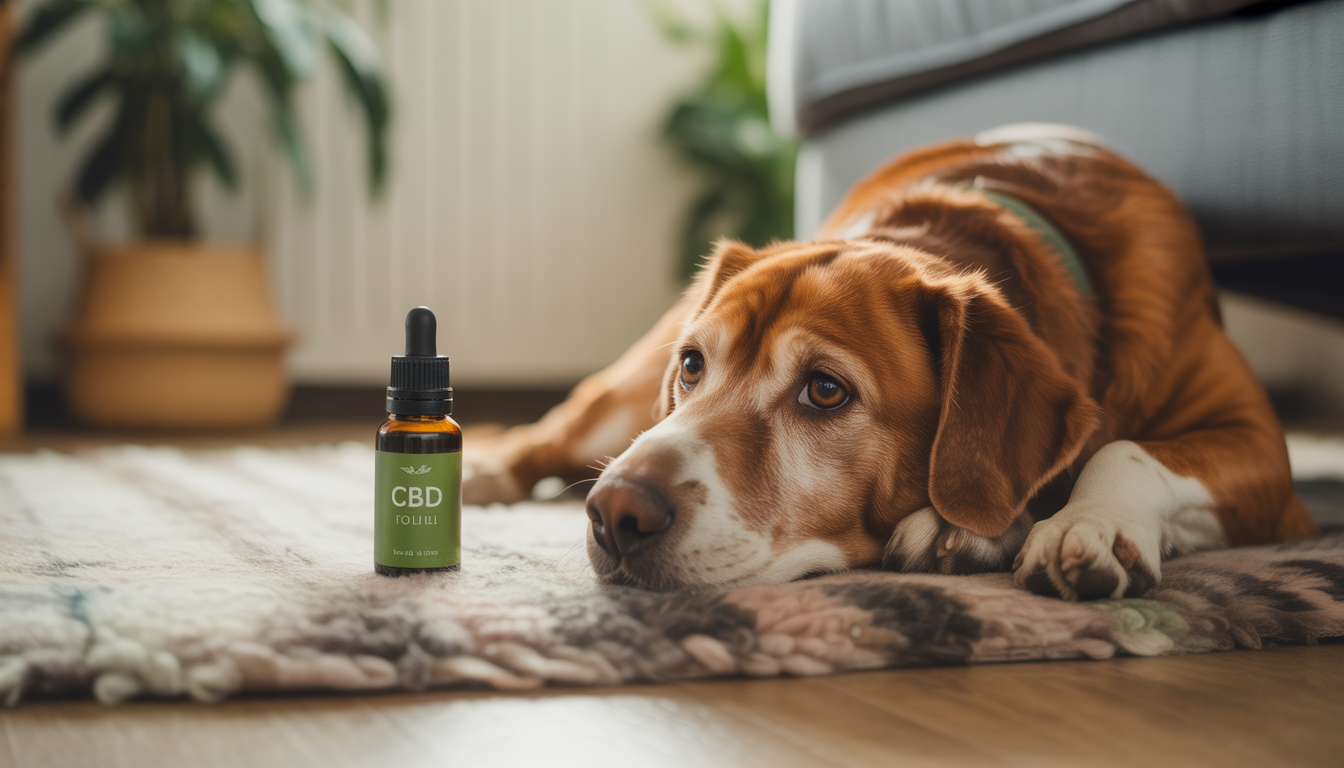 Chien allongé paisiblement sur un tapis près d'une bouteille d'huile de CBD naturelle