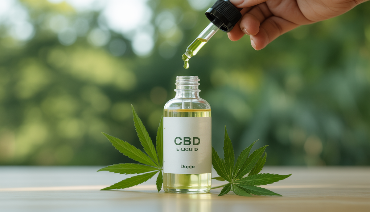 Bouteille en verre de e-liquide CBD avec pipette laissant tomber des gouttes vertes sur fond naturel