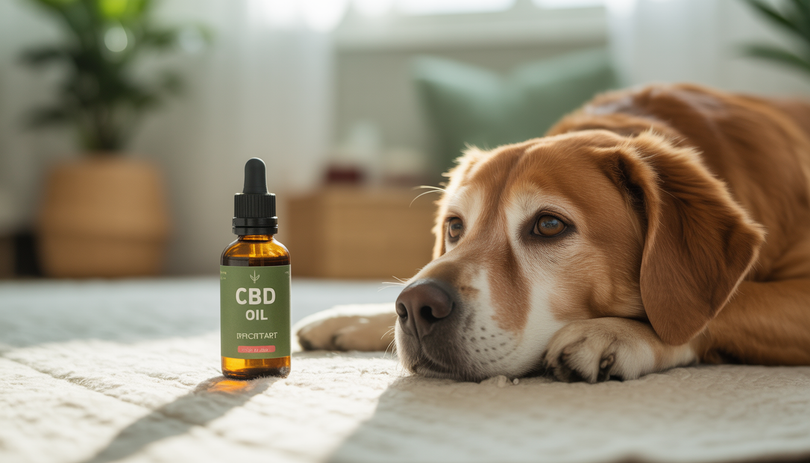 Bouteille d’huile de CBD posée près d’un chien détendu dans un salon chaleureux