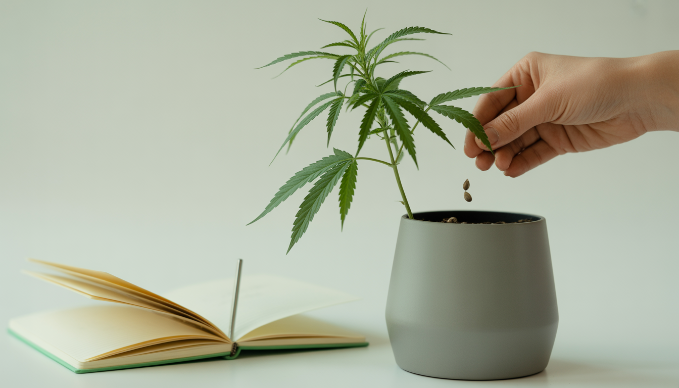 Une main plantant une graine de chanvre CBD dans un pot moderne, avec un carnet ouvert posé à côté de la plante sur fond blanc, éclairage naturel doux, photographie botanique éducative en gros plan.